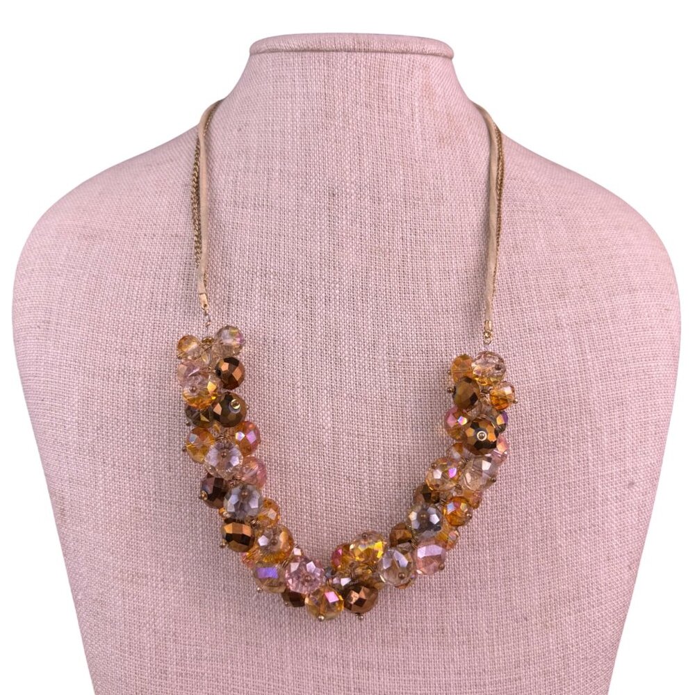 Ali-Khan Womens Amber Glass Bead Cluster Necklace Gold Tone Adjustable Chain